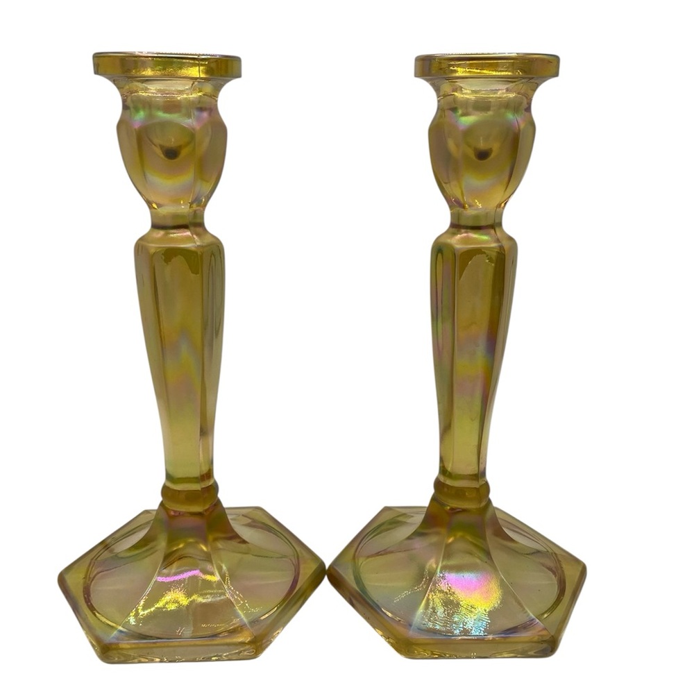 Set of two 2 Vintage Stretch Iridescent Gold Candle Holders